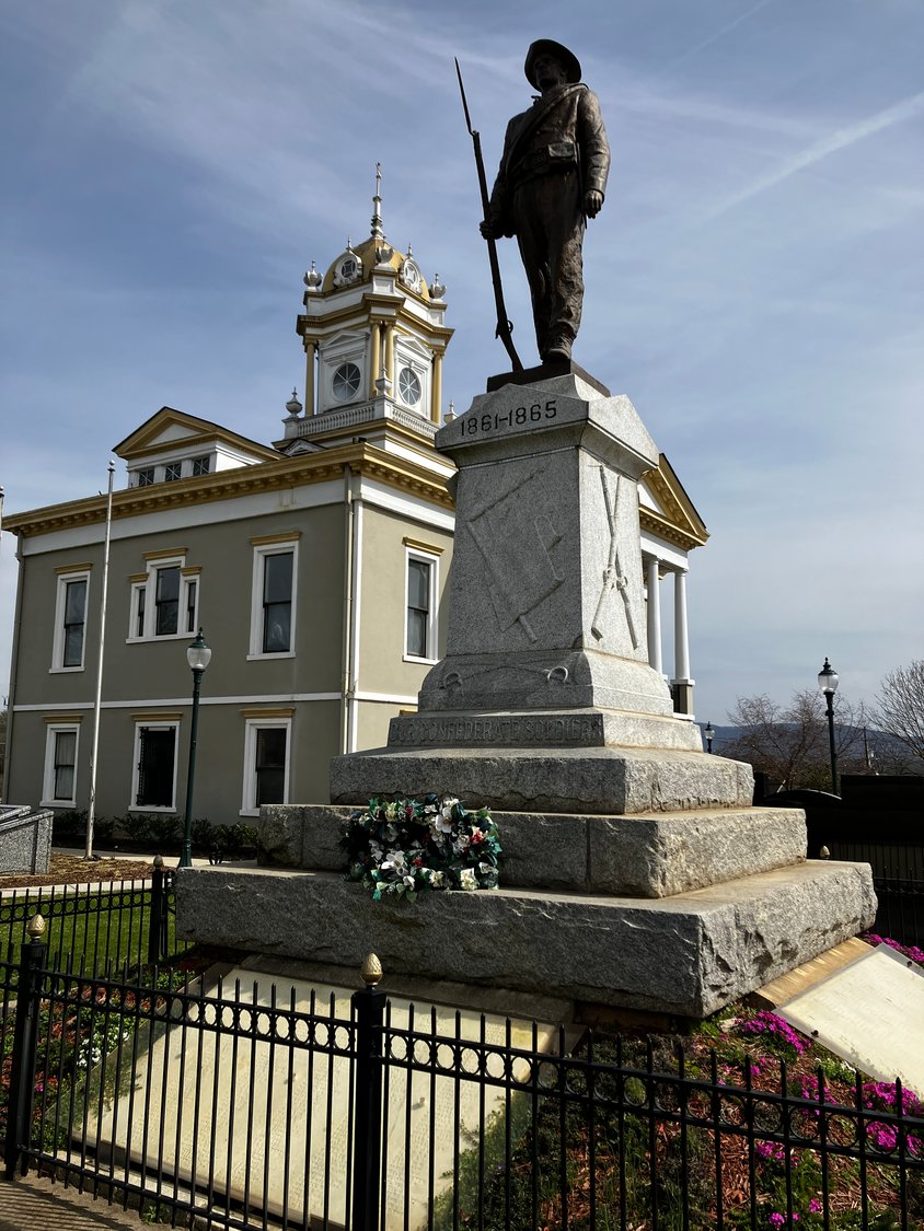 The Confederate memorial statue on the grounds of the Historic Courthouse Square.