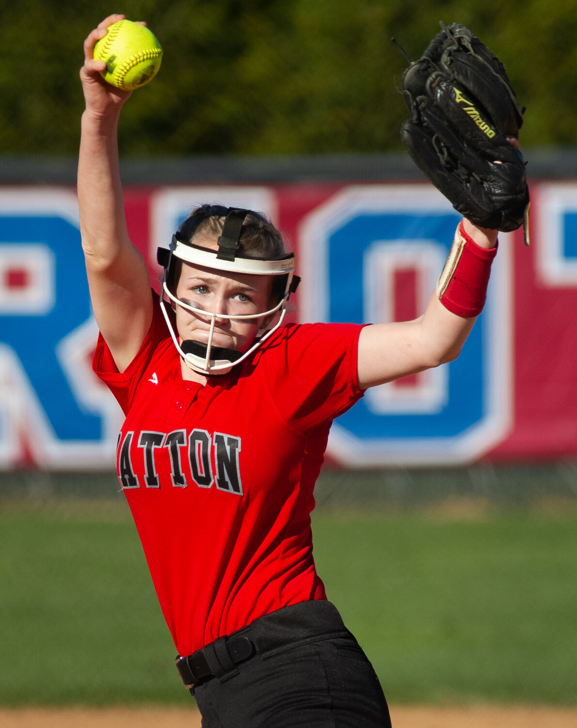 Patton sophomore Marleigh Carswell winds up before delivering to the plate during Wednesday's game. Carswell struck out four in a complete-game effort.