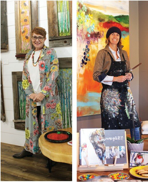 Vibrant leaves and brushes Alcohol ink artist Jan Bannister surrounds herself with one-of-a-kind vibrantly colored pieces also made using acrylic and locally salvaged wood. Above, right: Lolo Delaunay takes a break from creating to pose in front of one of her many intriguing pieces. PHOTOS BY OMAYRA ACEVEDO