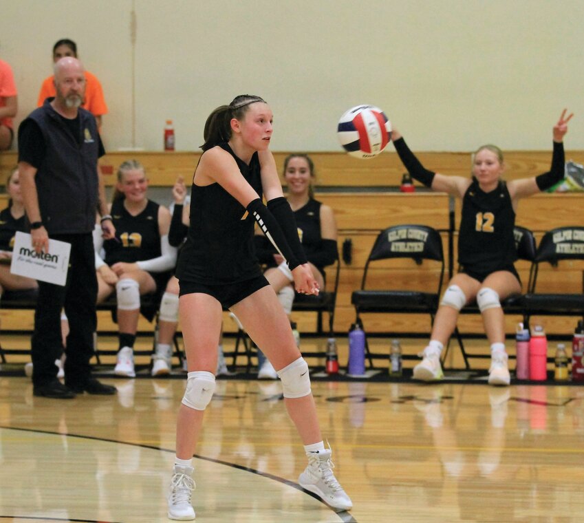 Gilpin vs. Bishop Machebeuf: Lizzie Westbrook returning serve during a hard-fought varsity home match.