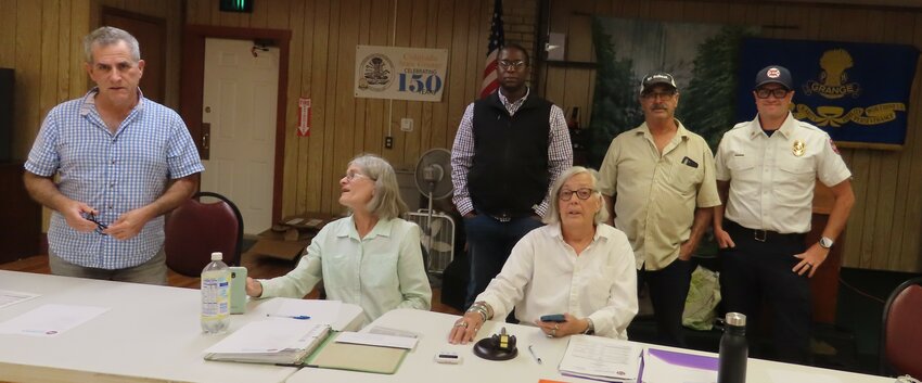 The Golden Gate Fire Protection District Board met on September 6, 2024, at 7 p.m. at the Grange. From left, Steve Green, Marith Reheis, Secretary; Niffy Ovuworie, Vice-President and Treasurer; Deb Curlee, President, Dave Primmer and Fire Chief Kyle Benson.