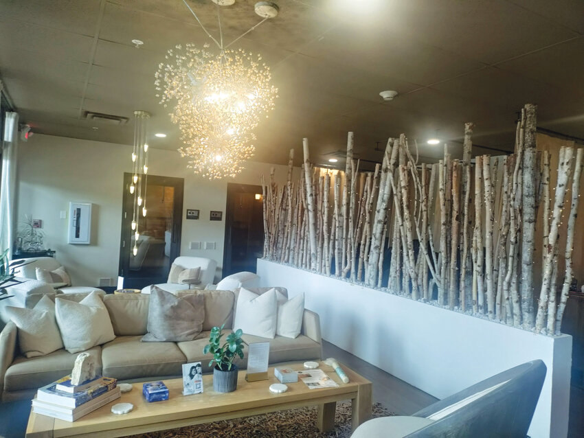 Relaxing in privacySaunas and décor create a peaceful ambiance at the Qi Lounge Wellness Spa waiting area.