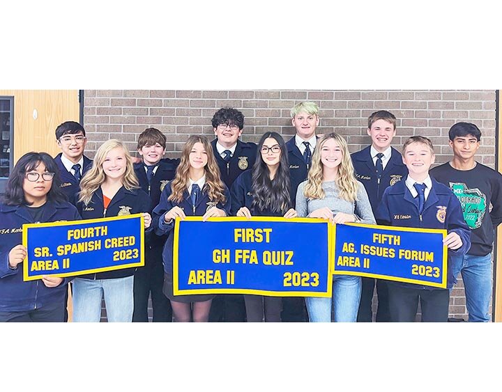 BRINGING HOME THE BANNERS -- Eldorado FFA Area 2 Leadership Development Event winners include (Front L-R: Marie Cruz Esparza, Paige Williams, Baylee Evans, Lily Arispe, Miley Doran, Wesley Stevens, (Back L-R) Jakob Gamez, Henry Moore, Ethan Seymore, Bradon Criswell, Charlie Mac Griffin and Jaziel Saucedo. (Allison Meador not pictured) -- | COURTESY PHOTO