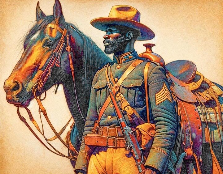 BUFFALO SOLDIER ON PATROL – Buffalo Soldiers stood guard on the frontier as America expanded westward. They built roads, extended telegraph lines, protected mail shipments and battled Indians throughout the west. Although their efforts were seldom appreciated during their own time, their steadfast service won the praise from historians, and eventually a nation that finally came to recognize their contributions.