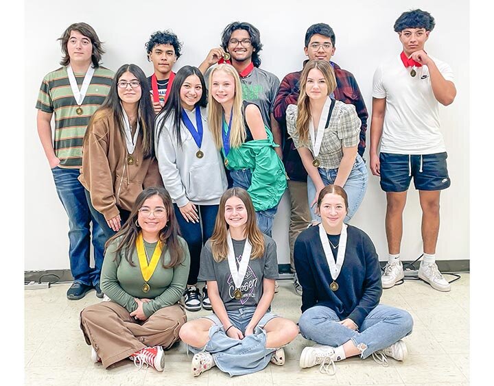 VISUAL ARTS STUDENTS -- 2024 V.A.S.E participants show off their gold medals: (Front L-R)  Alondra Olivan, Micah McGee, Allison Meador; (Center L-R)  Fe Barajas, Lynna Martinez, Maci Umphress, Addy Triplett; (Back L-R)  Ryder Greenwood, Amare Luna, Isaiah Bara, Antonio Sandate, Alejandro Salazar; and (not pictured) Andi Deanda. EHS students are under the direction of EHS Art teacher, Diana McGee. -- COURTESY PHOTO