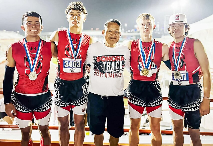 STATE COMPETITORS
The Sonora Broncos represented well at the UIL State Track Meet last week in Austin. Pictured (L-R) Justin Gonzalez, Kam Aguero, Coach Eddie Favila, Kasey Lux and Roert Rodriguez. COURTESY PHOTO