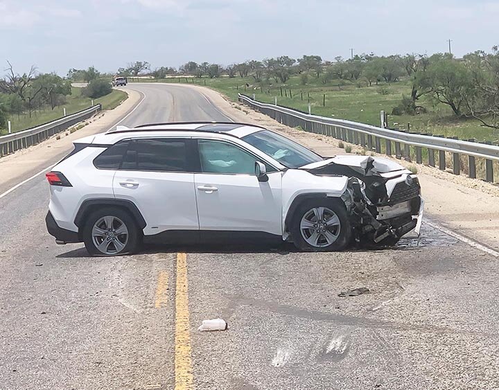 COMING TO A SUDDEN STOP -- Scott T. Kirk, 34, of College Station, escaped serious injury on Saturday, July 20, 2024, when he lost control after swerving to avoid a deer and crashed his 2022 Toyota Rav4 into a guardrail some 11 miles west of Eldorado on U.S. 190. The Schleicher County Sheriff's Office was notified of the wreck at 1:56 p.m. and emergency units were dispatched including Sheriff's Deputy Tim Sanders, as well as units of the Eldorado Volunteer Fire Department and Schleicher County EMS. DPS Trooper Jacob Maness of San Angelo investigated the accident. -- RANDY MANKIN | THE ELDORADO SUCCESS
