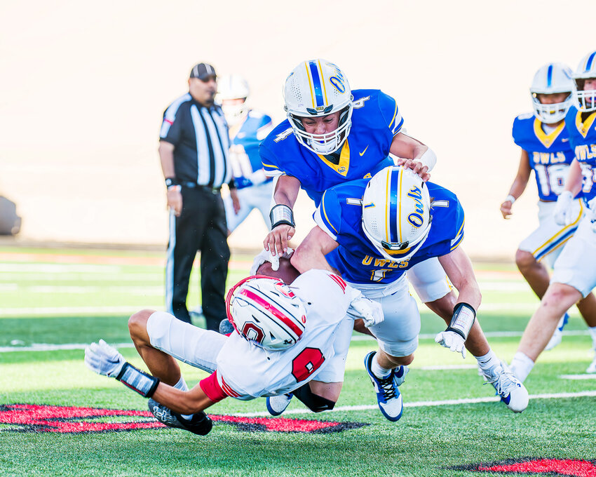 Reagan County Senior Jarrett Brown absolutely demolishes the Olney ball carrier on the first play of the game, setting the tone for the eventual Owls’ 32-0 shutout victory. Jarrett was a menace on defense delivering multiple big hits on the night. He finished the game with eight tackles with three tackles for loss. The Owls are back in action this Friday as they travel to Grape Creek.