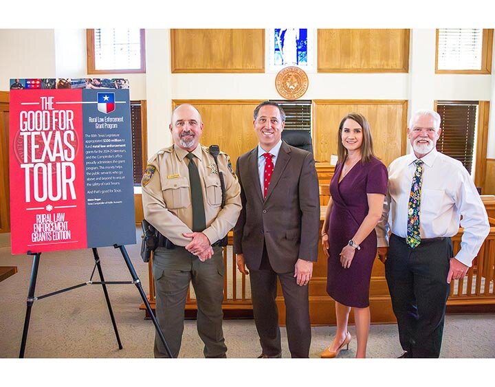 CELEBRATING RURAL LAW ENFORCEMENT -- Texas Comptroller Glenn Hegar (second from left) was in Eldorado on Wednesday, October 2nd, as part of his Good for Texas Tour Rural Law Enforcement Series. He was in town to highlight the benefits of rural law enforcement grants authorized by the Texas Legislature in 2023. He is pictured here with (L-R) Schleicher County Sheriff Jason Chatham, Treasurer Jennifer Henderson and County Judge Charlie Bradley. -- | COURTESY PHOTO