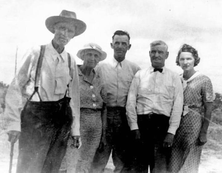 SCHLEICHER COUNTY PIONEERS -- Members of the Meador family are pictured in this 1930s-era photo. They include (L-R) Clement L. (Uncle Dink) Meador, Samantha (Mattie) Austin Meador, Claude Meador, Jr., Joel Austin, and Edith Meador. -- | COURTESY PHOTO