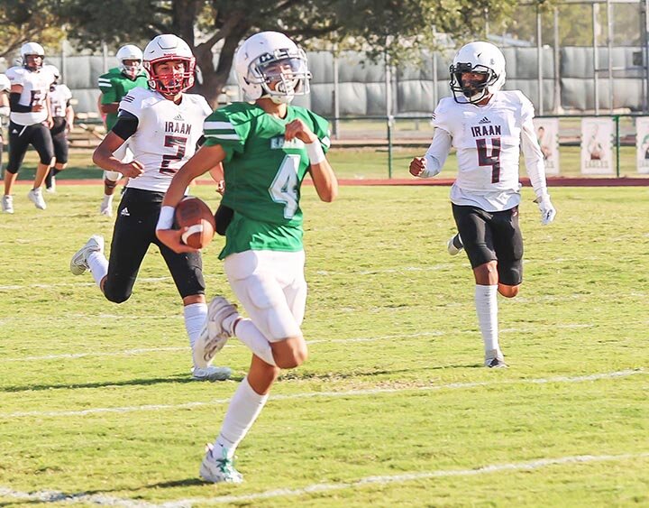 OFF TO THE RACES -- Brindon Gamez caught a short pass from quarterback Marcos Morin and took it 82 yards for a touchdown as the Eldorado Middle School Eagles hosted the Iraan Junior High Braves on Thursday, October 10th at Larry Mitchel Stadium in Eldorado. Iraan won the game 30-16. -- MANDI UMPHRESS | THE ELDORADO SUCCESS