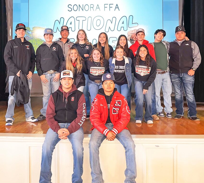 NATIONAL FFA WEEK
Members of Sonora FFA celebrated National FFA Week and traveled to the elementary campus to play games with the students. Front row (L-R) Samuel Sadante and Brian Mendoza. Middle row (L-R) Maddie Galindo, Hope James, Tayvin Gonzales and Destany Castillo. Back row (L-R) Hollis Snyder, Luke Snyder, Weston Fisher, Brook Kaiser, Jazlyn Garcia, Rylie Thorp, Reilly Wardlaw, Cezil Calvillo and Hector Rivas.COURTESY PHOTO