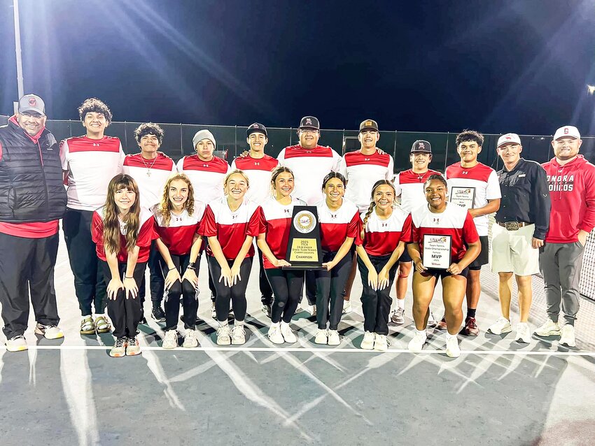 STATE CHAMPS
The Sonora Bronco team tennis brings home their first state championship. Front row (L-R) Braylin Welborn, Sydney Routh, Kyndall Weston, Sinise Rodriguez, Destany Castillo, Madison Galindo and Jayla Williams. Back row (L-R) Coach Alejandro Sanchez, Michael Martinez, Iggy Mendoza, Isa Gonzales, Aaron Segura, Christian Martinez, Weston Fisher, Dylan Ford, Lane Perez, Coach Dylan Hester and Coach Coby Herring. COURTESY PHOTO