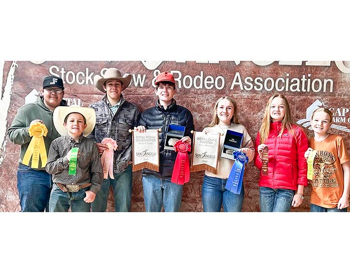 FUTURE SHINES BRIGHT AT EWE LAMB FUTURITY -- Eldorado students performed well at the San Angelo Ewe Lamb Futurity. They include (L-R) Treyton Pina (5th Place), Sutton White (6th Place), Zane White (4th Place), Henry Moore (2nd Place and Reserve Grand Champion), Payten White (1st Place and Grand Champion), Emma Luedecke (8th Place) and Maddie Luedecke (7th Place). -- COURTESY PHOTO