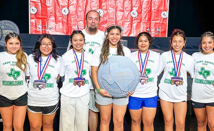 BRONZE MEDALS AT STATE MEET -- The Bronze Medal team at the 2025 THSWPA State Powerlifting Meet includes Lady Eagles (L-R) Yoselyn Fuentes, MariCruz Esparza, Minelly Montes, Coach Christopher Castleman, Mimi Martinez, Lupe Esparza, Amanda Cortez and Carmen Mata. -- COURTESY PHOTO | LAURA MENDEZ