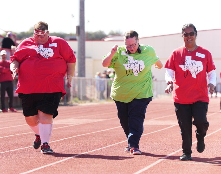 BEST OF THE WEST
Sonora schools, along with those from surrounding communities, gathered at Bronco Stadium on Tuesday, April 8, 2025, to compete in the Special Olympics. Sonora High School alumni Ray-Ray Blackman (L) and Sydney Robles (R) go head-to-head with an unidentified competitor during the 100-meter walk. ANGIE BRYANT | THE DEVIL’S RIVER NEWS