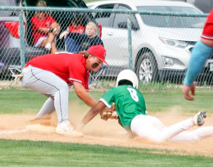 SAFE AT THIRD -- Jonnie Rae Adame beats the tag at third as he belted a triple and drove home Cody Bybee in the bottom of the third inning of the Eagles 14-9 loss to the Christoval Cougars at Eagle Field on Tuesday, April 22nd in Eldorado. -- KATHY MANKIN | THE ELDORADO SUCCESS