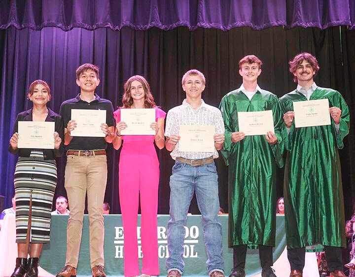 CREAM OF THE CROP -- Students with the highest average for the 2024-25 school year include: Freshman - Lily Aguero; Sophomore - Nasir Jones and Micah McGee; Junior - Brason Brock; Seniors Andrew McGee and Cade Parker. Brason Brock also had the highest average for the school year at any grade level. -- KATHY MANKIN | THE ELDORADO SUCCESS