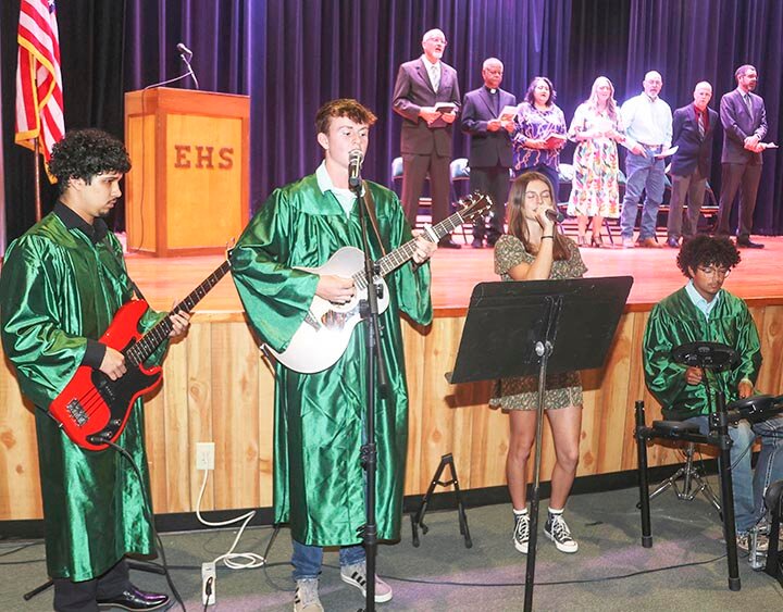 EHS BACCALAUREATE SERVICE -- A worship team consisting of member from First Presbyterian Church and Templo Getsemani led the audience in singing  “Abide” and “The Blessing” during the 2025 EHS Baccalaureate Service on May 18th, in the Eldorado High School auditorium.  The team included (L-R)  Andrew Thornton, Andrew McGee, Micah McGee and Jasi Galindo. -- KATHY MANKIN | THE ELDORADO SUCCESS