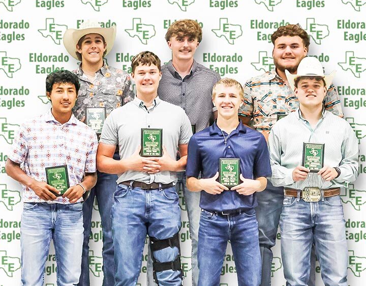 FOOTBALL AWARDS -- Seven Eagle football players were honored during the EHS Athletic  Awards Banquet on Tuesday, May 12th at Eagle Gym. They include (Front L-R) Jonnie Rae Adame - Offensive MVP; Garrett Walling and Brason Brock - Co-Special Team Players of the Year; Zaid Hernandez - Lineman of the Year; (Back L-R) Zane White and Jonah Penkszyk - Co-Defensive MVP; and Jaysen Santellano - Team Most Valuable Player. -- KATHY MANKIN | THE ELDORADO SUCCESS