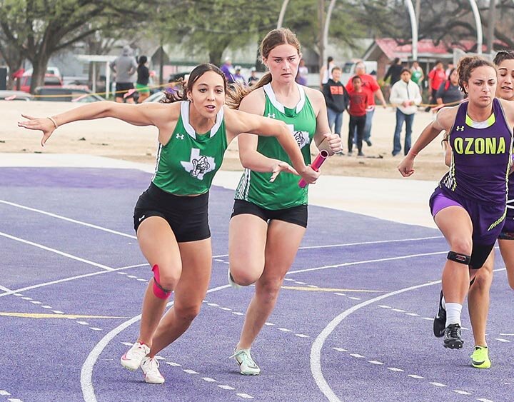 OFF AND RUNNING -- Logan Prater takes the baton from Addie Walling as the EHS girls 4x100 Meter Relay tam competed at the Ozona Relays on Thursday, March 7th. Walling, Prater, Mallory Okerson and Micah McGee placed second with a time of 51.11, their best of the season. Prater would go on to the win the 100 M Dash with a time of 12:31, breaking her old record of 12.35 set just last year. -- KATHY MANKIN | THE ELDORADO SUCCESS