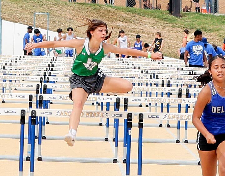 UP AND OVER -- Baylee Evans placed 29th in the 100 Meter Hurdles with a time of 22.44 at the  Angelo State University Spring Break Track Meet on Thursday, March 14th in San Angelo. -- KATHY MANKIN | THE ELDORADO SUCCESS
