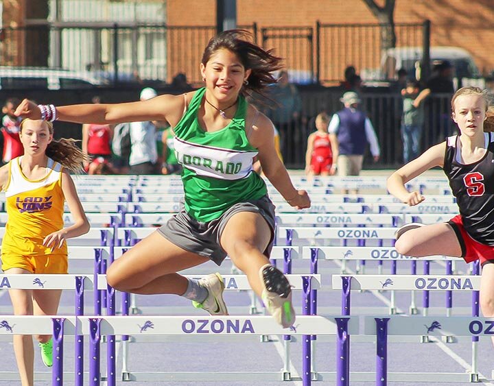 HIGH STEPPING -- 7th Grade Lady Eagle Kristin Nava placed first in the 100 M Hurdles at the 2024 South Zone District Track Meet on March 27th. -- MANDI UMPHRESS | THE ELDORADO SUCCESS