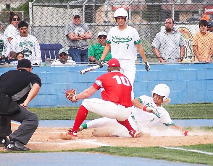 SAFE AT HOME --  Jason Covarrubiaz took advantage of a wild pitch to come sliding home from third as the Eldorado Eagles took on the Albany Lions in the second round of the State 2A Playoffs on Friday, May 10th at Donsky Field in San Angelo. Albany won the game 15-5. The Eagles were swept from the playoffs on Saturday, May 11th, as the fell to the Lions 10-0 at Cooper Cougar Field in Abilene. -- KATHY MANKIN | THE ELDORADO SUCCESS