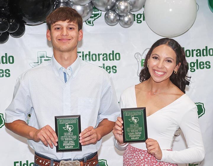 FIGHTING HEART AWARD -- For the second consecutive year, Tony Kmiec and Logan Prater received the prestigious Fighting Heart Award at the annual Eldorado High School Athletic Awards Banquet. -- KATHY MANKIN | THE ELDORADO SUCCESS