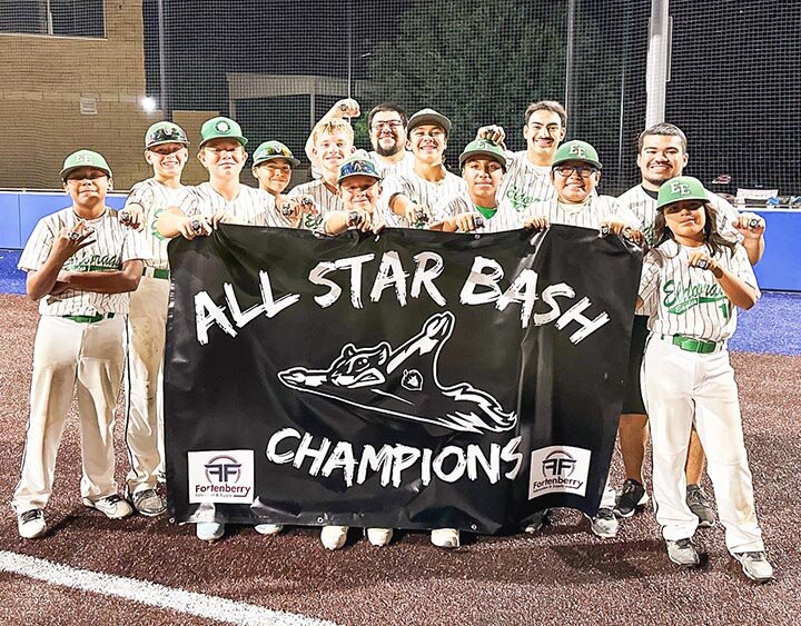 BASHING THEIR WAY TO A CHAMPIONSHIP -- The Eldorado Eagles 12U select team were the champions after playing in the 1st Annual Flying Squirrels All-Star Bash on July 13th in Big Lake. The team played all night long in the Midnight Madness style tournament. The team includes (Front L-R) Hadden Tirado, Arron Triplett, Kase Kiddy, Hector Tirado (manager), Gabriel Sierra, Elijah Bustos. (Back L-R) Ben Kiddy, Carmelo Luna, Cash Williams, Coach Francisco Cruz, Sammy Galindo, Coach Santiago Hernandez, Coach Anthony Esparza. Not pictured, Sammy Sandoval. -- COURTESY PHOTO | ELIZABETH CRUZ