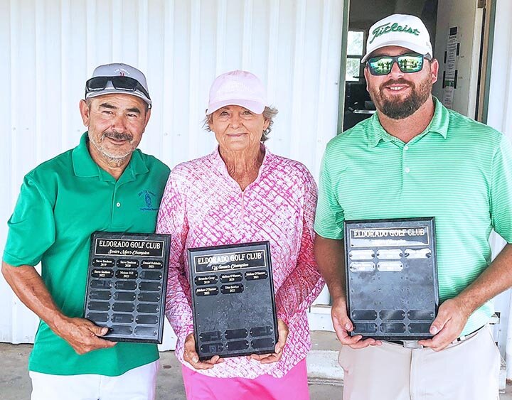 ELDORADO GOLF CLUB CHAMPIONSHIP -- The Eldorado Golf Club Championship Tournament was held Saturday and Sunday, July 13th and 14th. Claiming top honors were: (L-R) David Robledo, senior men's champion: Melissa O'Harrow, women's champion; and Rance Cathey, men's champion.-- | COURTESY PHOTO