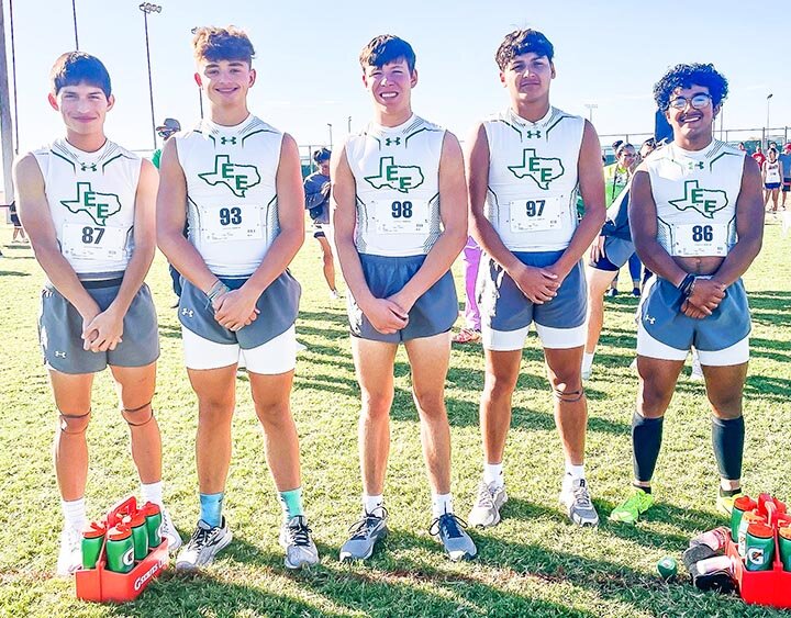 EAGLES JV CROSS COUNTRY TEAM -- The Eldorado Eagles JV cross country Team placed first at the Oil Patch Invitational Cross Country Meet in Sundown on Saturday, September 28th. Team members include (L-R) Jayden Guadarrama, Korbin Middleton, Jaxon Yeager, Andrew Whitten and Jasi Galindo. -- COURTESY PHOTO | DIANA MCGEE