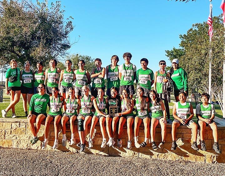 MIDDLE SCHOOL XC RUNNERS -- Eldorado Middle School cross country runners posed for a photo on Wednesday, October 2nd in Sonora. They include (Front L-R) Coach Kelsey Fillmon, Alexis Rodriguez, Brooklyn Cathey, Ryelee Swindle, Willow McSherry, Destany Martinez, Aliyah Vasquez, Lexie Luna, Daphne Granado, Gabriel Sierra, Tyler Hernandez, (Back L-R) Kylie Chavez, Morrigan Starr, Mirella Martinez, Nayana Montoya, Isabel Chavez, Isabela Leija, Weldon Sissom, Kieran Griffin, Brindon Gamez, Markos Moya, Jack Chavez, and Coach Sydney Covarrubiaz. -- COURTESY PHOTO | COURTNEY CROW CHAVEZ