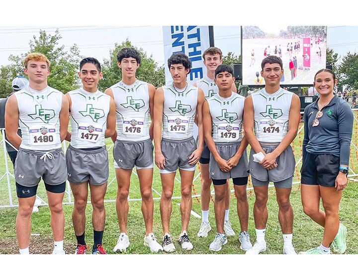 ELDORADO EAGLES DISTANCE RUNNERS -- The Eldorado Eagles cross country team competed at the State Meet in Round Rock on Friday, November 1st and came away as the 10th place team. Team members include (L-R) Ryder Walker, Ramiro Leija, Jaxon Hight, Riley Hight, Andrew McGee, Kevin Saucedo, Roman Guadarrama and Cross Country Coach Kelsey Fillmon. -- COURTESY PHOTO |DIANA MCGEE