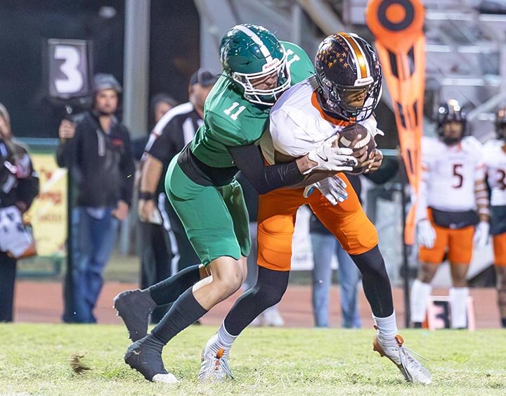 QUARTERBACK SACK -- Jonah Penkszyk sacks McCamey quarterback Trace McMurray during the first quarter of last Friday night’s season finale at Larry Mitchel Stadium. The Eagles scored first and never look back as they coasted to a 66-6 win. In addition to the QB sack, Penkszyk tallied two solo tackles, three assists, and two tackles for loss. He also scored a touchdown on a 12-yard pass from Jonnie Rae Adame and fell on a McCamey fumble in the end zone for a safety. -- 
RANDY MANKIN | THE ELDORADO SUCCESS