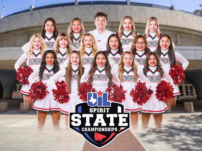 STATE RANKED
Members of the Sonora Bronco Cheer Squad competed at UIL State Competition on Thursday, January 16, 2025. The squad finished in sixth place. Front row (L-R) Liliana Gallegos, Aanz’Leigh Abalos, Angela Cardona, Madison Galindo and Jimena Leija. Middle row (L-R) Tayvin Gonzales, Braylin Welborn, Kendall Thorp, Abby Solis, Raquel Buitron and Dianna Silva. Back row (L-R) Miranda Mata, Sofia Garcia, Brandon Litterell, Masiela Valdez and Kenzee Bryant. ILLUSIONS PHOTOGRAPHY