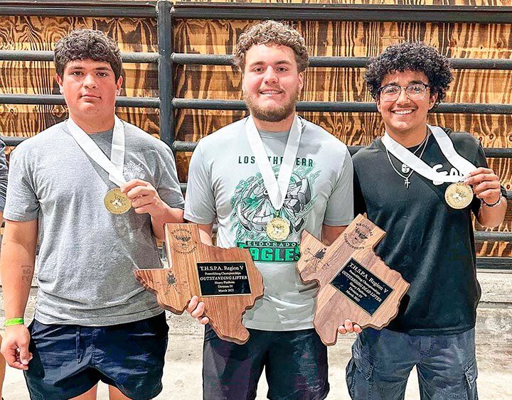REGIONAL POWERLIFTING CHAMPIONS -- The Eldorado Eagles will be represented at the Texas Powerlifting Meet by (L-R) Marcos Flynn, Jaysen Santellano and Jasi Galindo. Each of the boys won the gold in their respective weight division at the Regional Meet held Friday, March 7th in Kingsville. The trio will compete Saturday, March 22nd at the State Meet which will be held at the Taylor County Expo in Abilene. --  COURTESY PHOTO | LAURA MENDEZ