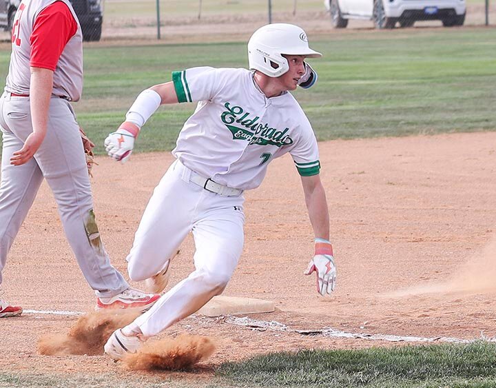 ROUNDING THIRD -- Kip Walker rounds third and heads for home as the Eldorado Eagles cruised to an 11-4 win over the Miles Bulldogs on Tuesday, March 25th at Eagle Field. Walker scored a run in the game and drove in another. -- KATHY MANKIN | THE ELDORADO SUCCESS