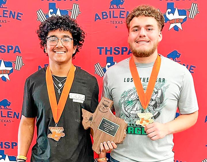 EHS POWERLFITING SENIORS -- Jasi Galindo (L) and Jaysen Santellano (R) brought home medals form the Texas High School Powerlifting Association State Championship in Abilene on March 22nd. Gallindo, placed fourth in the 148-pound weight class with a total lift of 1,300 pounds, a personal best. He lifted 510 pounds in the squat, 385 pounds in the bench press and 405 poounds in the deadlift. Meanwhile, Jaysen Santellano (R) placed first to claim a State Championship and a gold medal in the 198-pound weight class. Santellano lifted a total of 1,630 pounds and recorded  personal bests across the board. Santellano lifted 610 pounds in the squat, 420 pounds in the bench press and 600 pounds in the dead lift. The boys, both EHS seniors, also placed fourth as a team in Division 4 from among 41 teams competing. EHS powerlifters are coached by Christopher Castleman. -- COURTESY PHOTO | LAURA MENDEZ