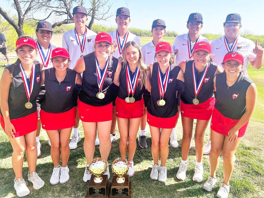 NEXT STEP: REGIONAL TOURNEYS
Both the boys and girls golf teams walked away with district championships on Monday, March 31, 2025. The girls will travel to Canyon to play at the Palo Duro Creek Golf Course on April 14th and 15th. The boys will compete April 16th and 17th. (Front L-R) Rylie Thorp, Sofia Garcia, Gentri Trainer, Madison Galindo, Lynden Cearley, Braylin Galindo and Destany Castillo, (Back L-R) Dylan Ford, Jayden Welborn, Weston Fisher, Jayce Martinez, Juan Castillo and Christian Martinez. COURTESY PHOTO