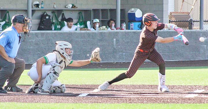 SWING BATTER, BATTER, SWING -- Eagles catcher Eleazar Hernandez provides a target behind the plate as a Wink Wildcat batter attempts to lay down a bunt during Bi-District Playoff action on Thursday, May 1st in Fort Stockton. The Wildcats won the best-of-three series by scores of 9-3 and 5-4, ending the Eagles 2025 season. -- COURTESY PHOTO | SUZIE BYBEE