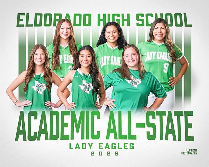 HIGH ATHLETIC & ACADEMIC STANDARDS -- Six Lady Eagles claimed seven spots on the Texas High School Coaches Association’s 2025 Academic All-State Team. They include (Front L-R) Ava Rodriguez - Track; Madeline Valeriano - Track, Ayla Doran - Track, (Back L-R) Allison Meador - Softball, Minelly Montes - Softball and Track, and Naomi Martinez - Softball. -- COURTESY PHOTO | ILLUSIONS PHOTOGRAPHY