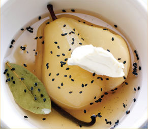 GRAND MARNIER POACHED PEARS WITH MASCARPONE AND BLACK SESAME SEEDS  Click here for recipes