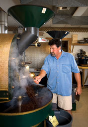 Nantucket Coffee Roasters owner Wes Van Cott roasts beans at his Teasdale Circle facility.