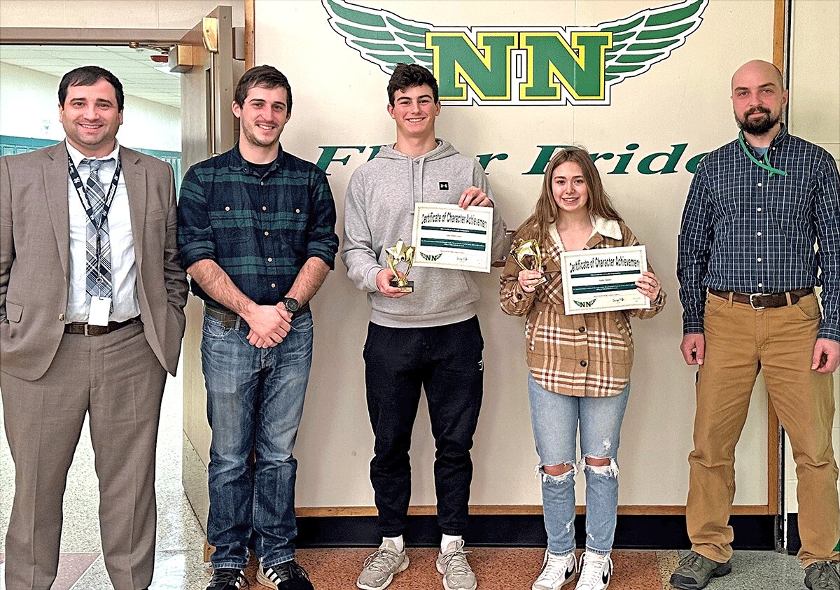 Hailey Monica and Liam Miller-Lynch are are pictured with Principal George Biffer and club advisors Zayne Frysinger, and Ben Yandeau.