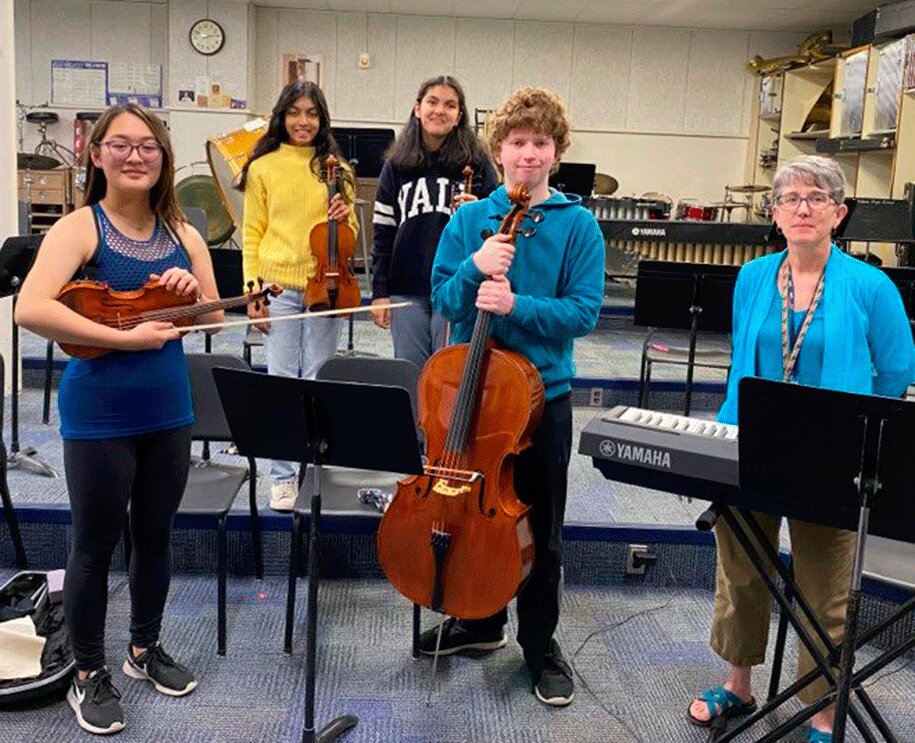 Potsdam High School sophomore Constantine Darie is the first St. Lawrence County student to have pieces accepted into these competitive NYSSMA music showcases in their 23-year history. Pictured above, from the left, are Kathy Yu, violin, Talia Mohideen, viola, Elif Cetinkaya, violin, Constantine Darie, cello, Jill Savage, keyboard. Submitted Photo.