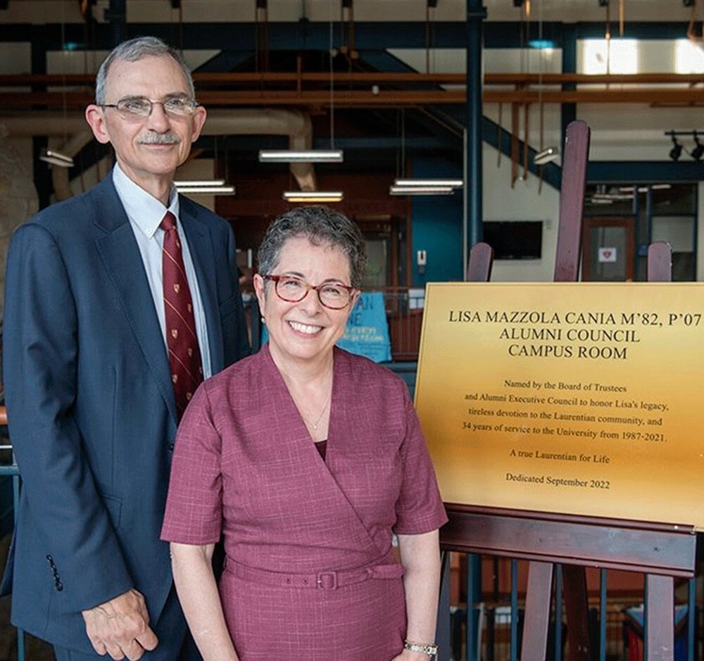 "Laurentian for Life" Lisa Mazzola Cania was honored on Sept. 10 with  the rededication of the Alumni Council Campus Room, on the third floor  of the Sullivan Student Center, in her name. Lisa Mazzola Cania with her husband, Sal Cania in the Alumni Council Campus Room. Photo Submitted by St. Lawrence University.