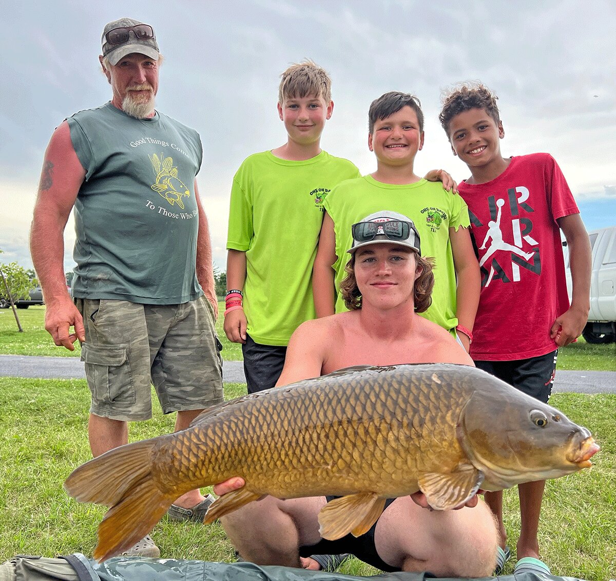 The first place team “One on Baits” is pictured above. Front row holding a massive carp is Tanner Smith. Back row standing are coach Shawn Rafter, Cameron Fuller, Gavin Thompson, and Joey Green. Photo submitted.
