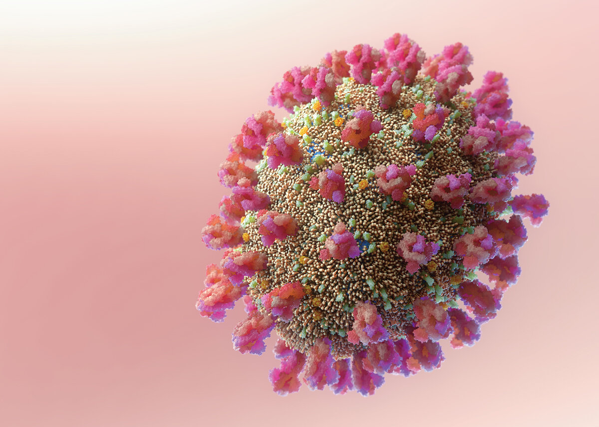 An artistic rendition of a COVID-19 virus particle.
