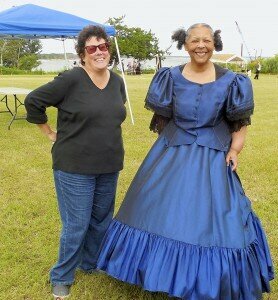 Director Amelia Hart and Gylbert Coker, a descendant of Old Town surveyor George Clarke, who played Felicia Clarke in Saturday's historical play.